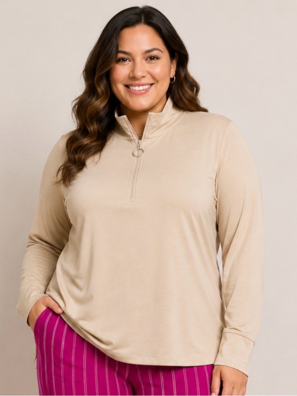 Denim & Co. Active Cool to the Touch Half Zip Top Heather Natural Sz 1X- A716954